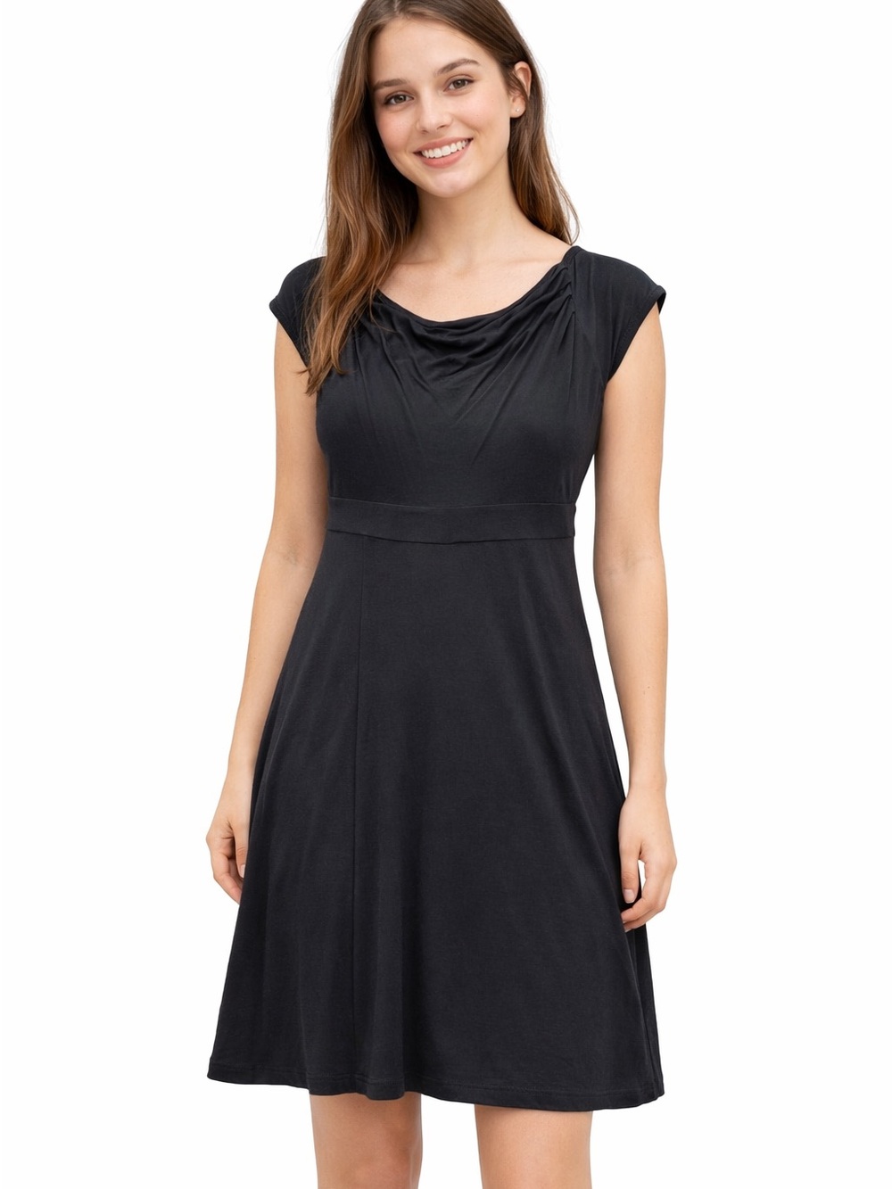 CAbi Black Tee Shirt Draped-Neck Cap Sleeve A-Line Stretch Mini Dress